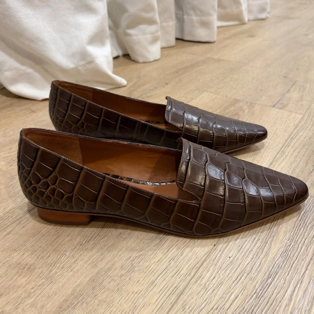 Vince Camuto Brown Croc Embossed Leather Pointed Toe Loafers Flats Womens 11M